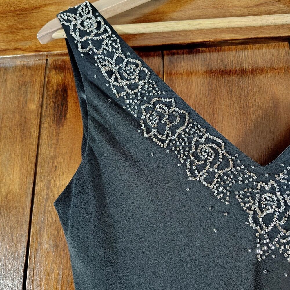 Black Beaded Evening Gown Size 10 Asymmetrical Hem Formal Prom Romantic - Picture 5 of 11